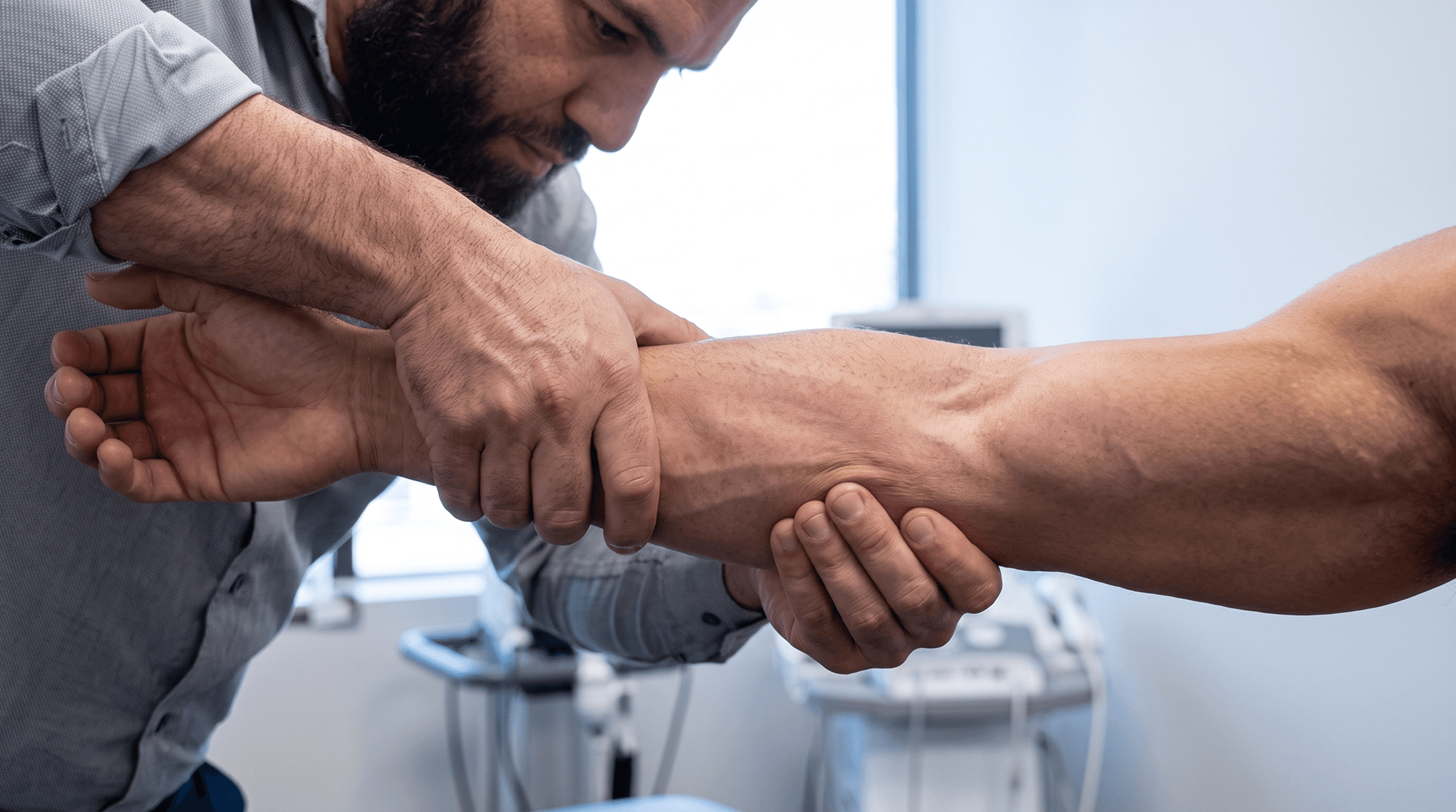 Hands treating a patient's shoulder