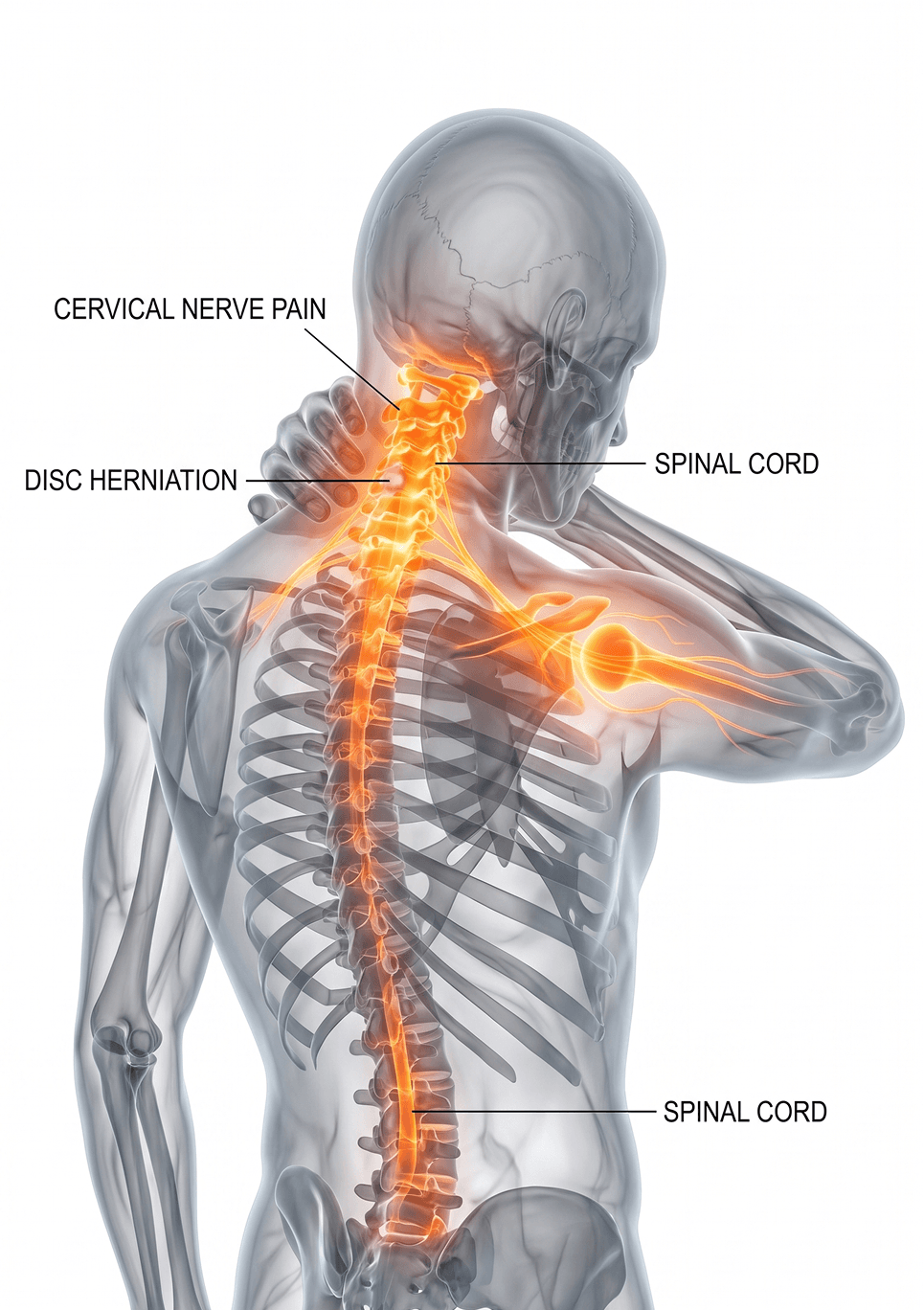 Illustration of the cervical spine highlighting cervical nerve pain, disc herniation, and the spinal cord