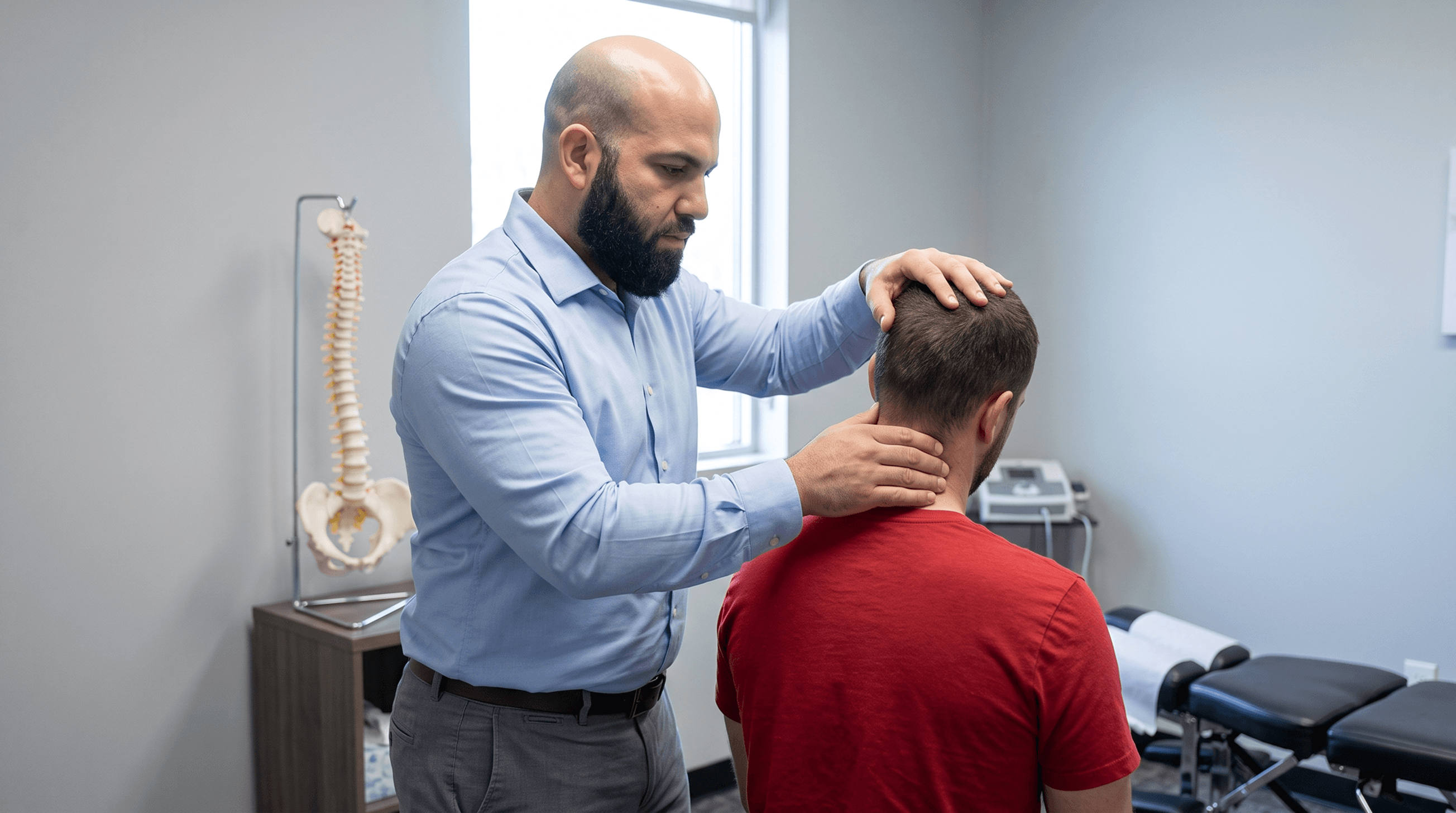 Dr. Abe Nasser examining a patient's neck