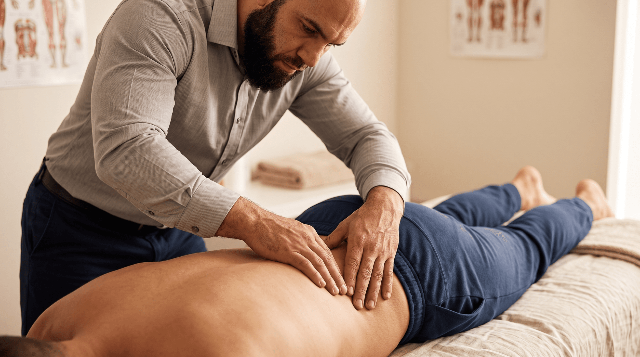 Dr. Abe examining a patient's lower back