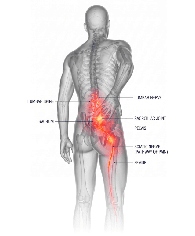 Illustration of the lumbar spine and sciatic nerve pathway highlighting the sacroiliac joint, pelvis, and femur