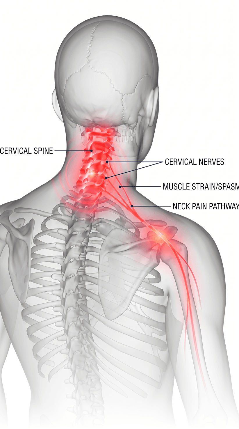 Illustration of the cervical spine highlighting the cervical nerves, muscle strain/spasm, and neck pain pathway into the shoulder